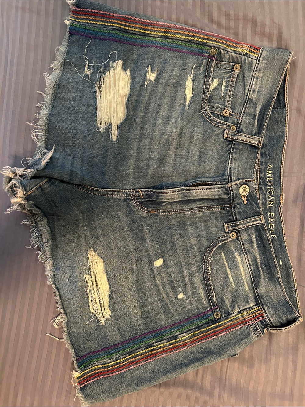 American Eagle Outfitters Blue Distressed Denim Shorts with Rainbow Side Stripes